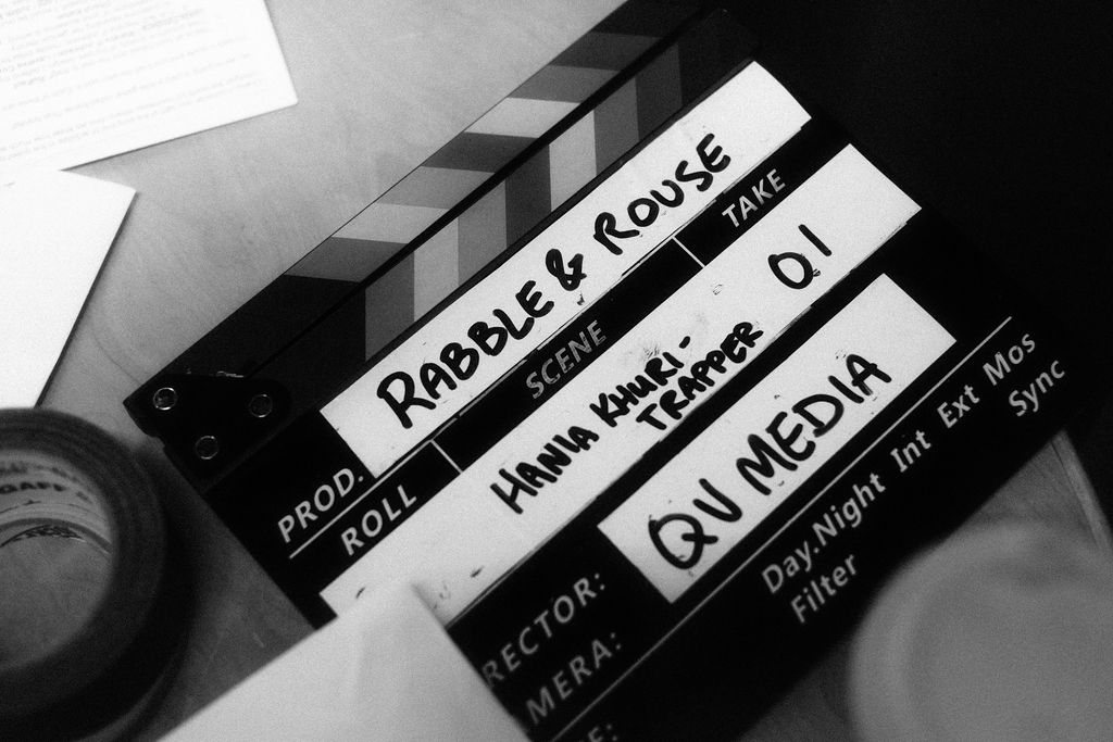 A Rabble and Rouse clapperboard on the production table